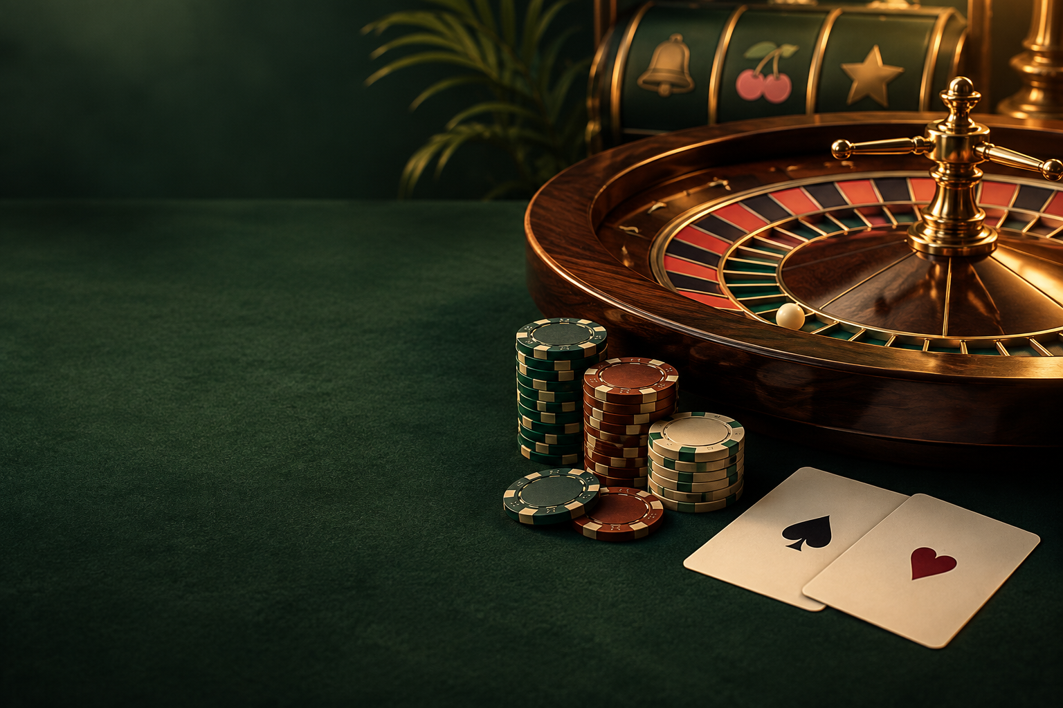 Ilustrasi meja roulette dengan keping, kartu dan cahaya tembaga